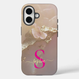 Funda iPhone 16 Mármol oro rosa dorado brillo monograma