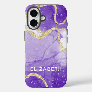 Funda iPhone 16 mármol personalizado con brillo dorado y púrpura