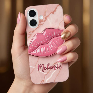 Funda iPhone 16 Mármol rosa en forma de labios brillante