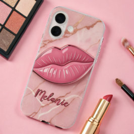 Funda iPhone 16 Mármol rosa en forma de labios brillante