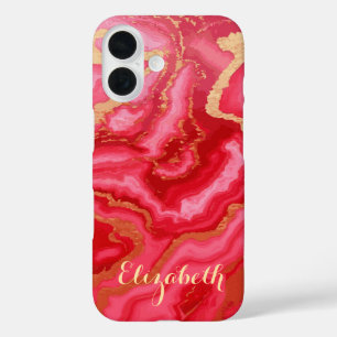 Funda iPhone 16 Mármol rosa y rojo personalizado con oro