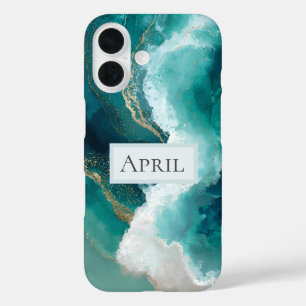Funda iPhone 16 Mármol Teal, Blanco y Dorado