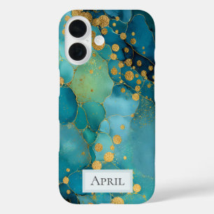 Funda iPhone 16 Mármol Turquesa y Dorado 