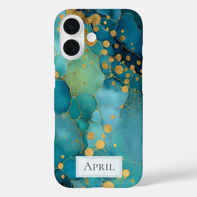Funda iPhone 16 Mármol Turquesa y Dorado  (Reverso )