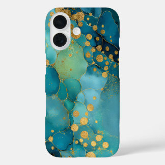 Funda iPhone 16 Mármol verde azulado, turquesa y dorado