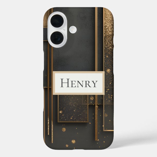 Funda iPhone 16 Marrón Oscuro y Geométrico Dorado (Reverso )
