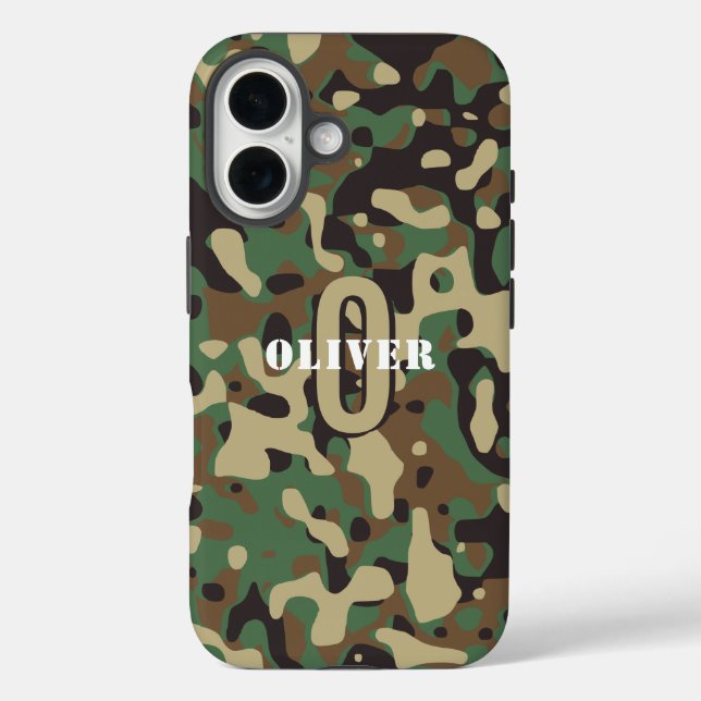 Funda iPhone 16 Marrón verde beige camo camuflaje Monograma nombre (Reverso )