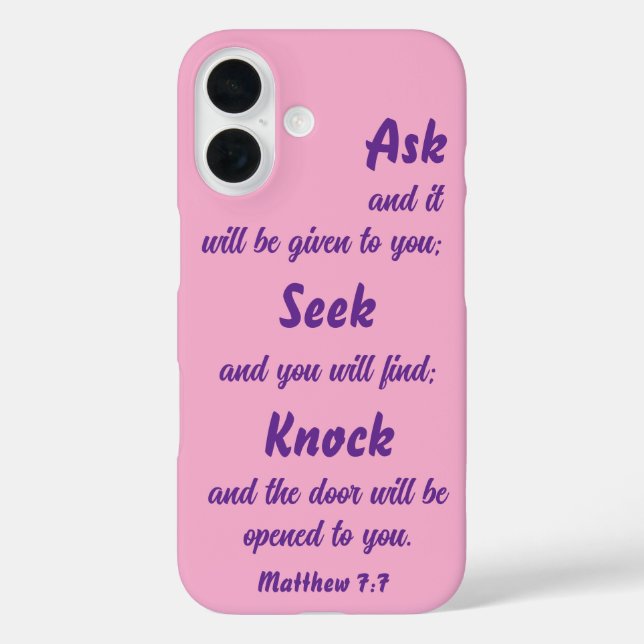 Funda iPhone 16 Mateo 7:7 Pídele Biblia Verse Rosa Y Púrpura (Reverso )