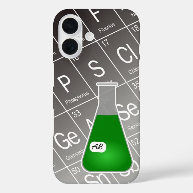Funda iPhone 16 Matraz de Erlenmeyer verde (con iniciales) Química (Reverso )