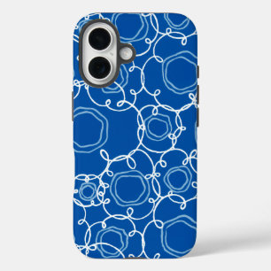 Funda iPhone 16 Matriz floral abstracta (azul real) Arte fino