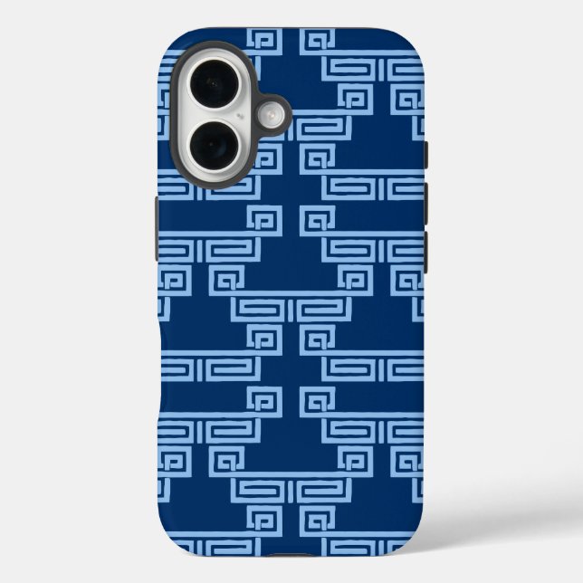 Funda iPhone 16 Meandro de Llave Griega en Azul añil (Reverso )