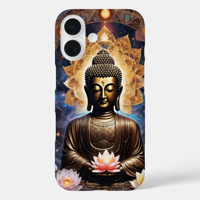 Funda iPhone 16 Meditación de Buda encantada en la cubierta de oro (Reverso )