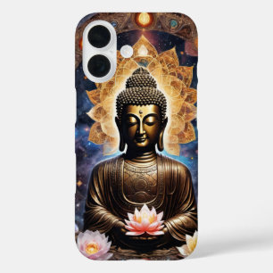 Funda iPhone 16 meditación de Buda encantado en cubierta de oro y 