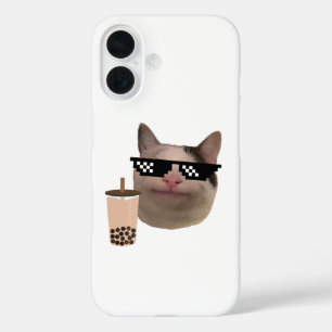 Funda iPhone 16 Meme de gato amable con lentes de serrería y bebid