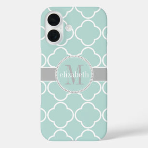 Funda iPhone 16 Menta   Blanco   Monograma del trébol de quatrefoi