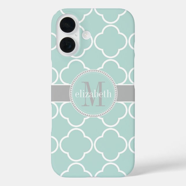 Funda iPhone 16 Menta | Blanco | Monograma del trébol de quatrefoi (Reverso )