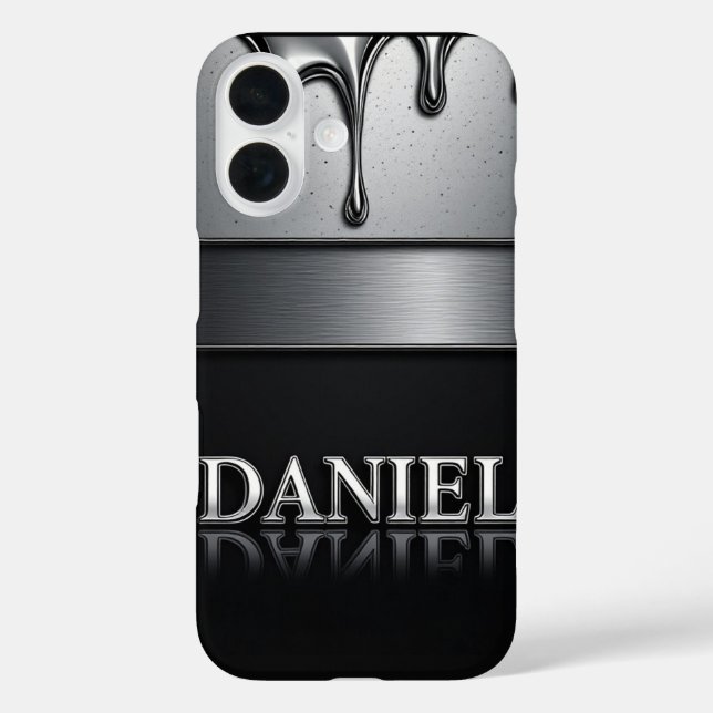 Funda iPhone 16 💧 Metal Líquido “Daniel” Flujo Goteo Cromo (Reverso )