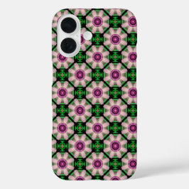 Funda iPhone 16 Mini floral geométrico en verde y rosa