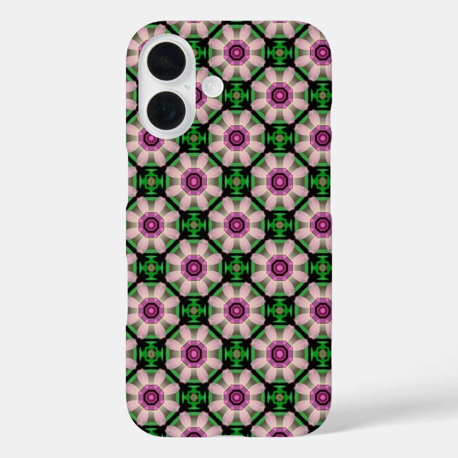 Funda iPhone 16 Mini floral geométrico en verde y rosa (Reverso )