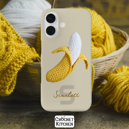Funda iPhone 16 Mínimo Monograma moderno Nombre Crochet Banana