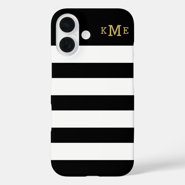 Funda iPhone 16 Moda Bandas negras y blancas con monograma de oro (Reverso )