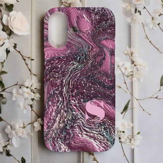 Funda iPhone 16 moda de bordado elegante rosa de mármol personaliz (Subido por el creador)