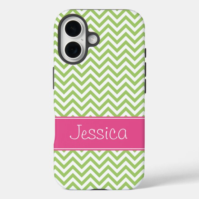 Funda iPhone 16 Moda de Chevron verde rosa personalizada (Reverso )