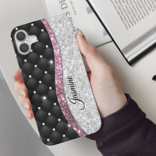 Funda iPhone 16 Moda giratoria purpurina plateado monograma rosa n