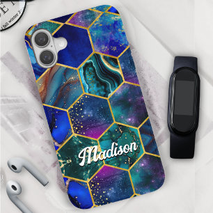 Funda iPhone 16 Moda girly faux Purpurina Turquoise azul geométric