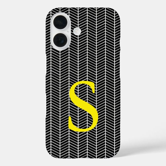 Funda iPhone 16 Moda Herringbone Negro Chevron Zig Zag Monograma (Reverso )