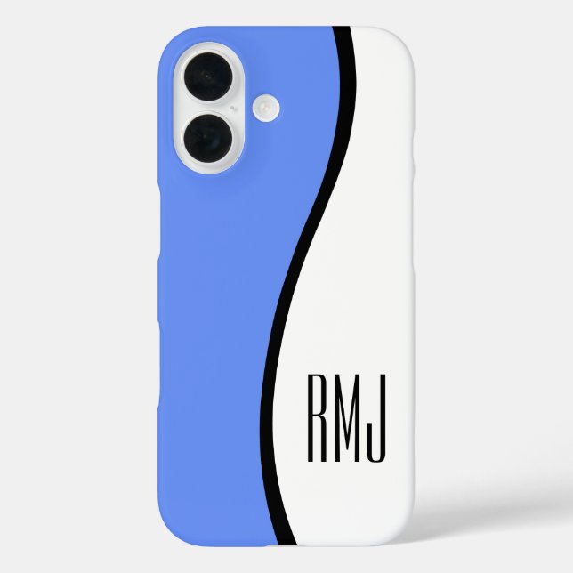 Funda iPhone 16 Moda Moderna Onda Monogramada Azul Negro y Blanco (Reverso )