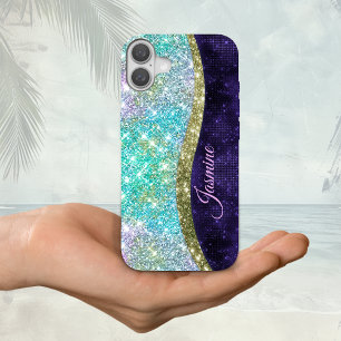 Funda iPhone 16 Moda monograma purpurina iridiscente azul morado