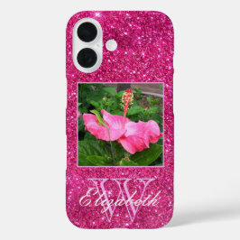 Funda iPhone 16 Moda Monograma Purpurina rosa Esparkles Personaliz