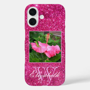 Funda iPhone 16 Moda Monograma Purpurina rosa Esparkles Personaliz