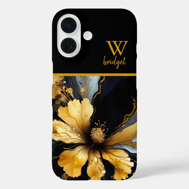 Funda iPhone 16 moda oro negro abstracto floral (Reverso )