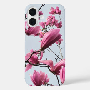 Funda iPhone 16 Moda Primavera Magnolia rosa florece Hanami Blue