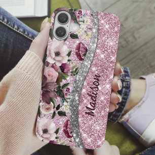 Funda iPhone 16 Moda purpurinoso floral Monograma de plata rosa mo