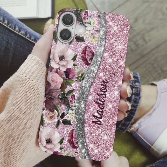 Funda iPhone 16 Moda purpurinoso floral Monograma de plata rosa mo (Subido por el creador)