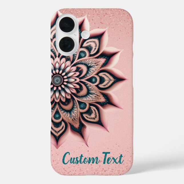 Funda iPhone 16 Moda Rosa Oro rosado y Mandala Verde azulada Perso (Reverso )