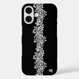 Funda iPhone 16 Moda Vintage Floral Elegante Monograma Gótico Negr