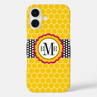 Funda iPhone 16 Modelo del panal y monograma de la flor