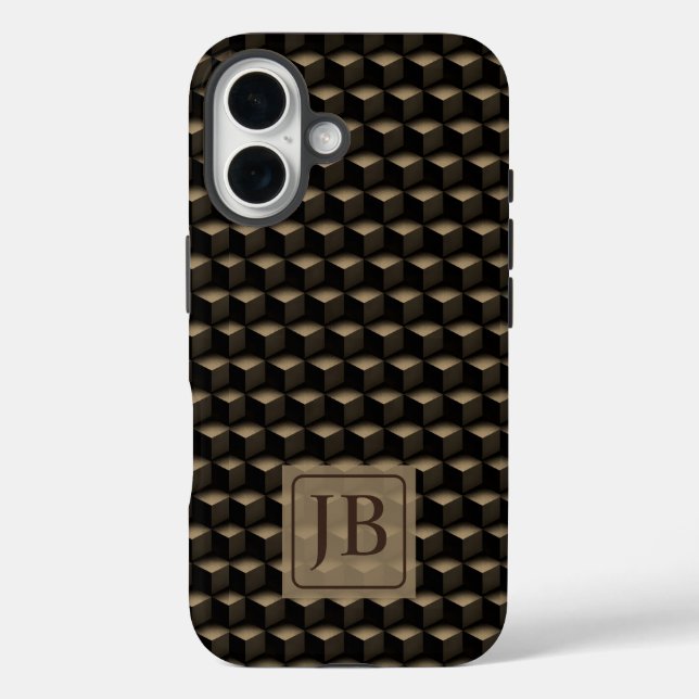 Funda iPhone 16 Modern 3D Monogram, Geometric Bronze Pattern (Reverso )
