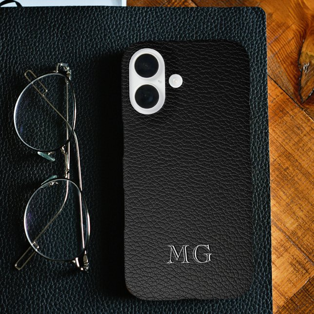 Funda iPhone 16 Modern Black Faux Leather White Monogram Initials (Subido por el creador)