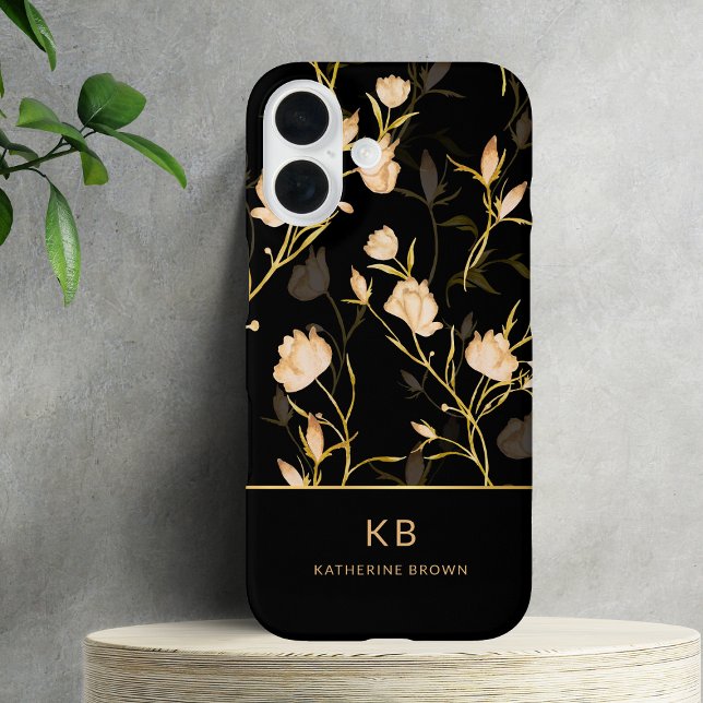 Funda iPhone 16 Modern Elegant Black Gold Floral Pattern  (Subido por el creador)