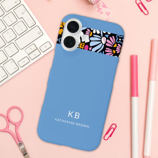 Funda iPhone 16 Modern Elegant Blue Black Floral Pattern 