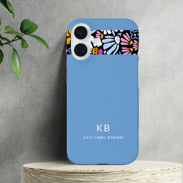 Funda iPhone 16 Modern Elegant Blue Black Floral Pattern 