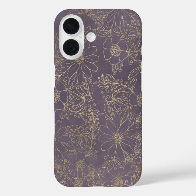 Funda iPhone 16 Modern elegant dark lavender chic gold floral Case (Reverso )