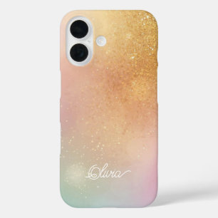 Funda iPhone 16 Modern Glitter Holographic Gold with Name