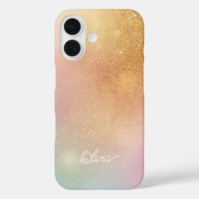 Funda iPhone 16 Modern Glitter Holographic Gold with Name (Reverso )