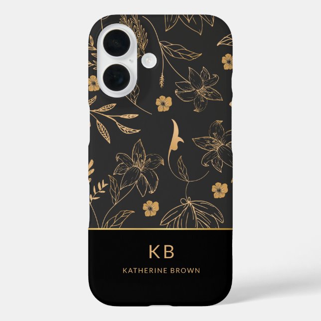 Funda iPhone 16 Modern Monogram Elegant Black Gold Floral Pattern  (Reverso )